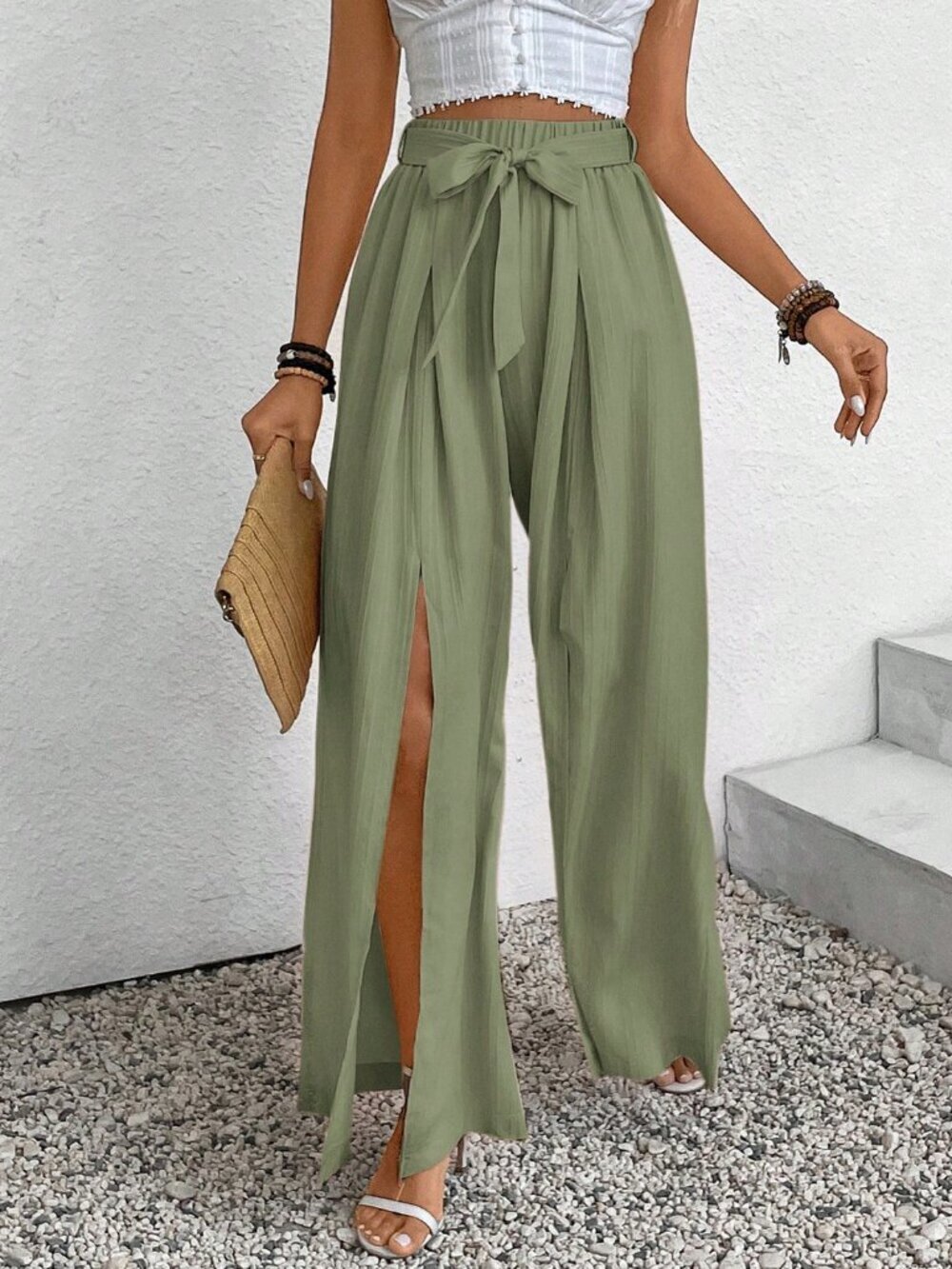 Mint Green Casual Women Twist Knotted Loose Pants - Picture 4 of 6